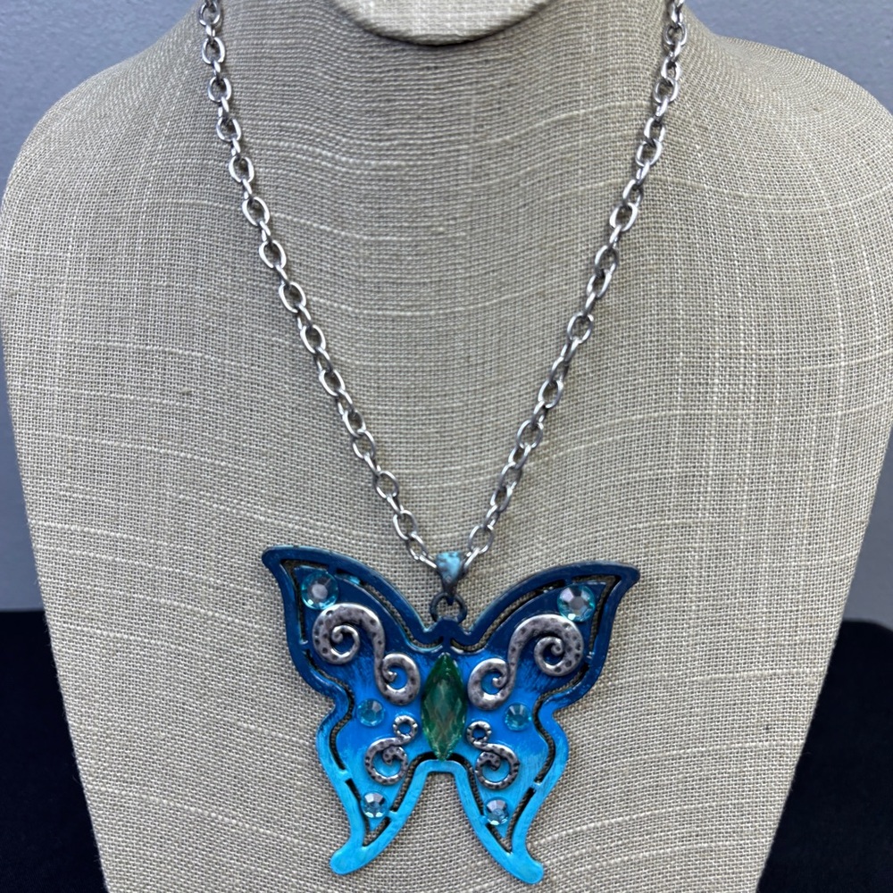 Da Vinci Butterfly Necklace & Earrings Set Painted Blue Patina Silvertone Boho